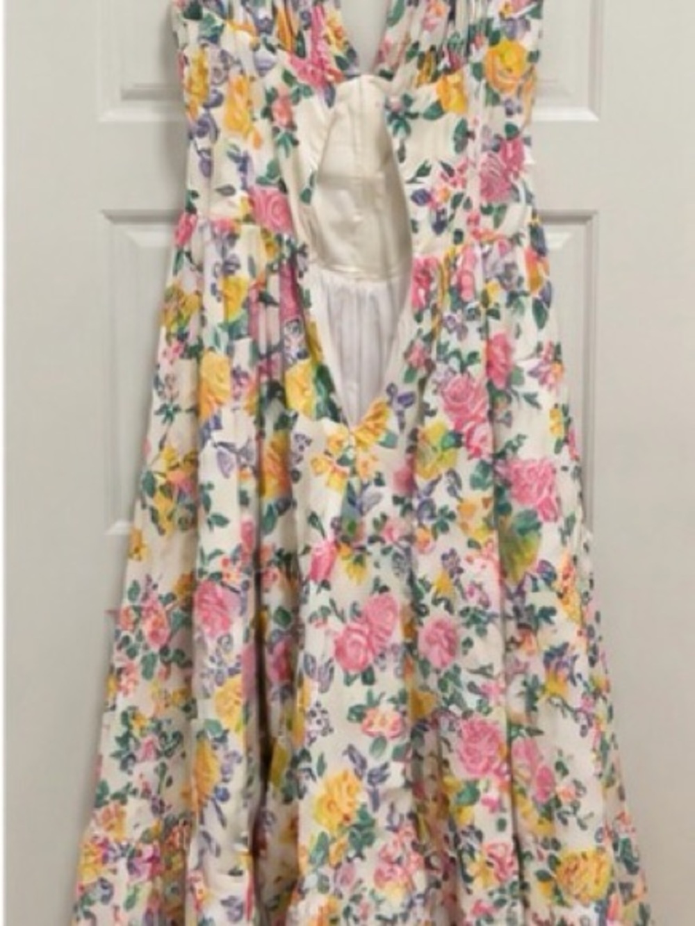 House of CB Floral Maxi Dress M Plus Cup Cream Pink Yellow Plunge Sundress